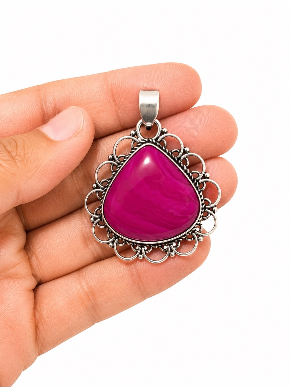 925 Sterling Silver Handcrafted Silver Pink Teardrop Pendant